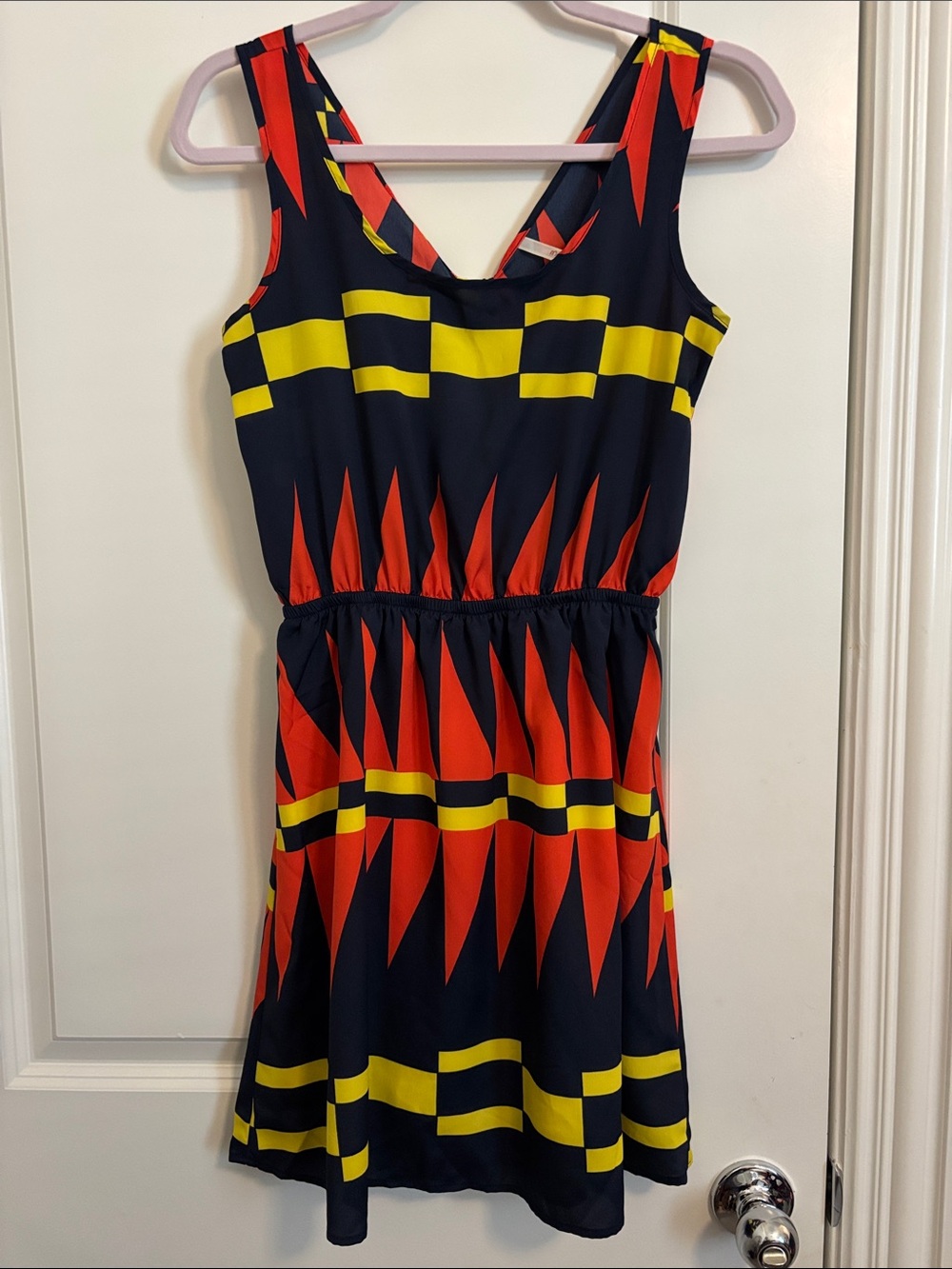 My Story Navy, Red & Yellow Geometric Sleeveless Mini Dress. Size Small